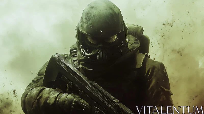 Armored tactical soldier with rifle in dust-filled scene.