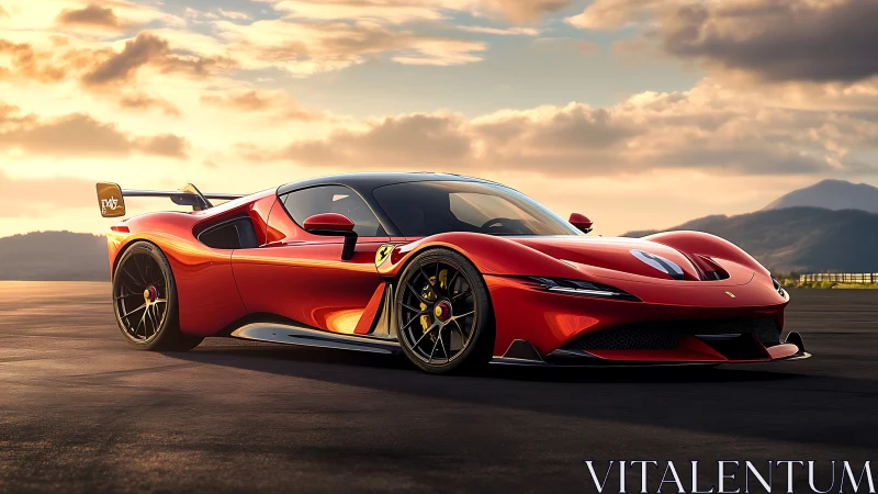Low-angle sunset view showcases a red hypercar with race aero