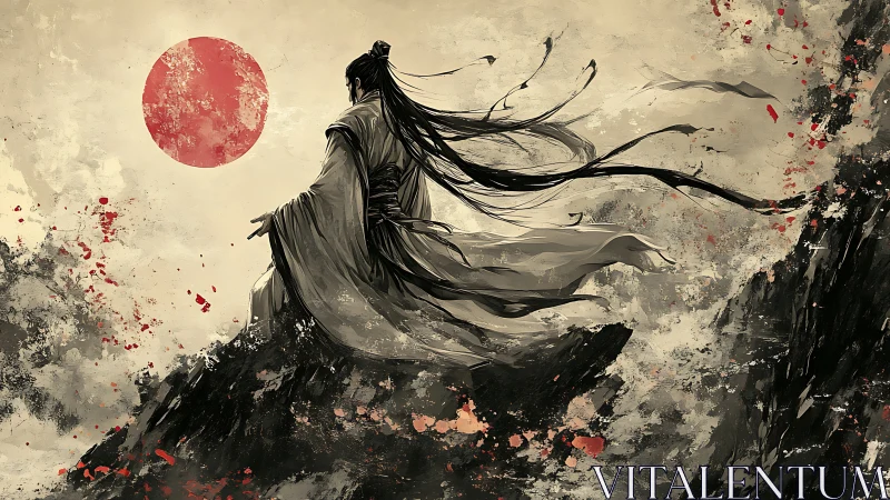 Samurai figure on rocky peak before red sun disk.