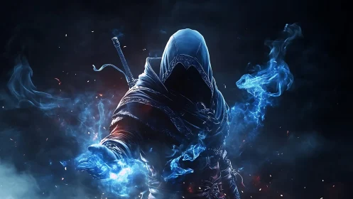 Hooded figure manipulates blue spectral energy in darkness