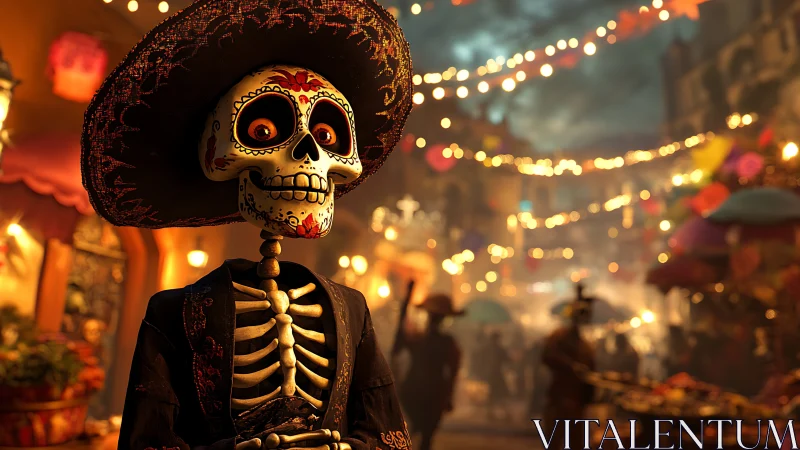 Skeleton mariachi smiles under glowing D&iacute;a de Muertos lights