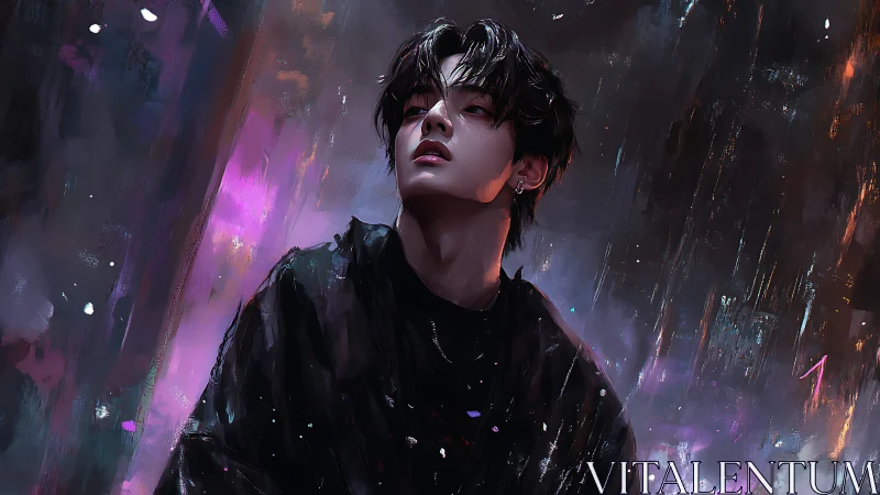 Male figure in dark clothing amid abstract neon rain scene.