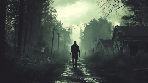 Lone survivor walks through misty abandoned village road