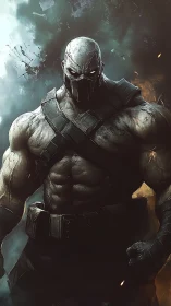 Armored gladiator cyborg in smoke filled post-battle environment.