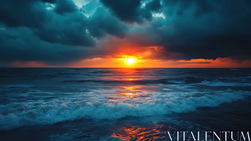 Storm-dark waves cradle a blazing core of ocean sunset light