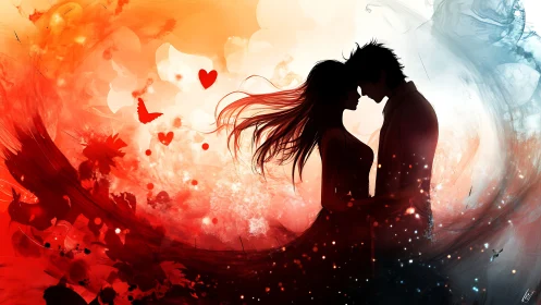 Couple embracing with red and blue watercolor silhouette backdrop.