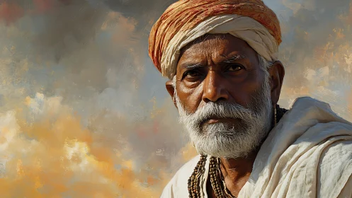 Elderly turbaned man under warm diffuse sky light. Period.
