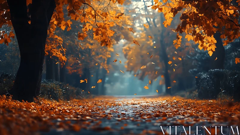 Golden autumn lane with drifting leaves in cinematic light.