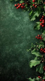 Photorealistic holly border on textured dark green backdrop.