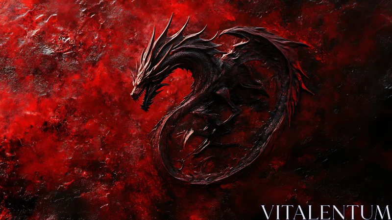 Coiled crimson dragon emerges from a storm of fiery shadows.