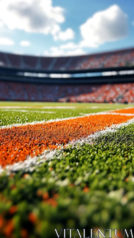 Vivid orange yard line draws focus in sunlit stadium bowl.