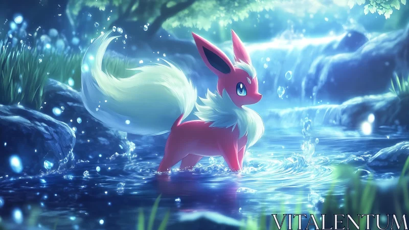 Luminescent vulpine creature in refractive forest streamscape.