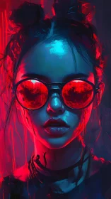 Chromatic portrait of neon‑lit woman in reflective goggles.