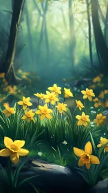 Golden daffodils glow in soft forest morning light