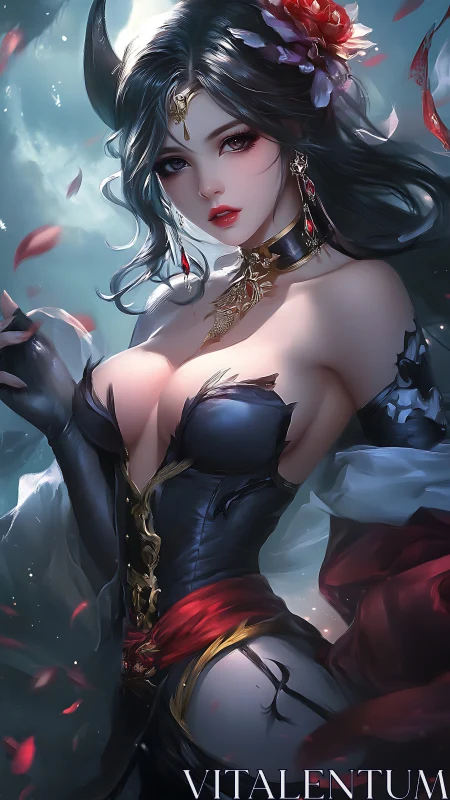 Moonlit rose sorceress in swirling crimson petals.