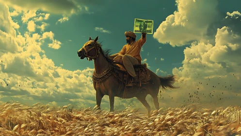 Rider in golden wheat fields raising a bold money banner.