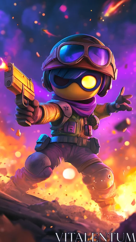 Cartoon soldier character with pistol in explosive battle