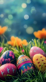 Colorful Easter eggs rest in sunlit grass among spring blooms