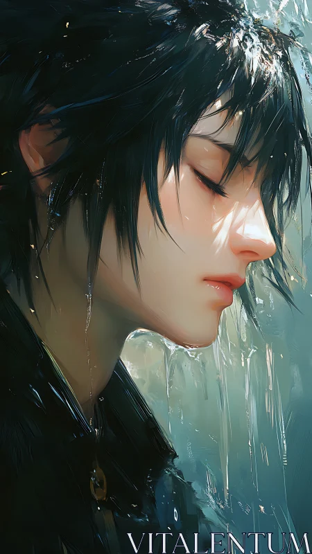 Rain-soaked anime youth rests in serene emotional silence.