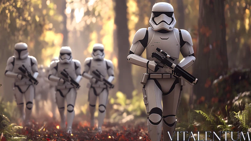 Armored troopers advance through forest with cinematic depth of field