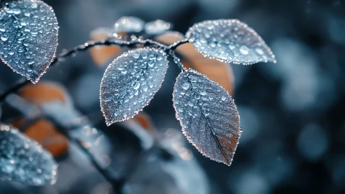 Dew-covered leaves glisten under cool morning backlight