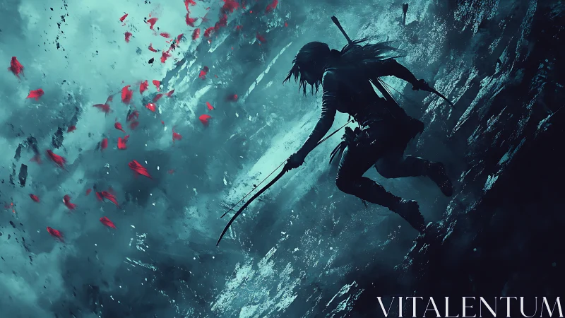 Silhouetted cliffside archer descends through teal storm haze