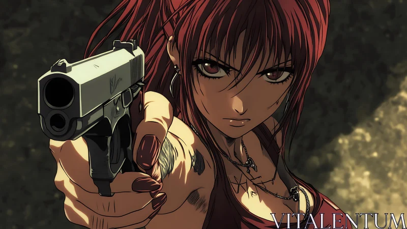 Dynamic anime gunwoman in extreme foreshortened perspective aiming