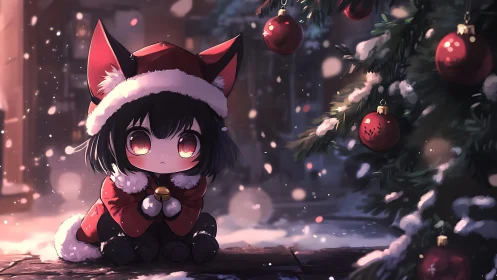 Chibi cat-eared child in red winter coat near tree at night.
