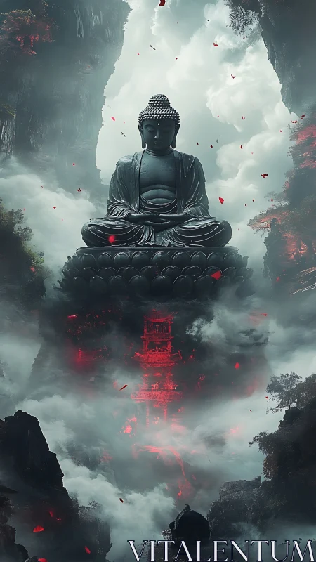 Serene Buddha statue levitates above glowing red mountain temple