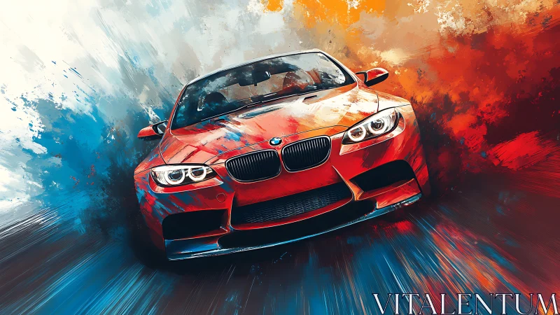 Bold red sports car racing through painted color storm.