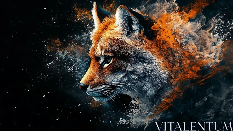 Vulpine portrait dissolves into dynamic flame and smoke textures
