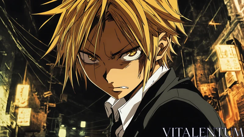 Gritty blonde hero stands defiant in a glowing city alley.