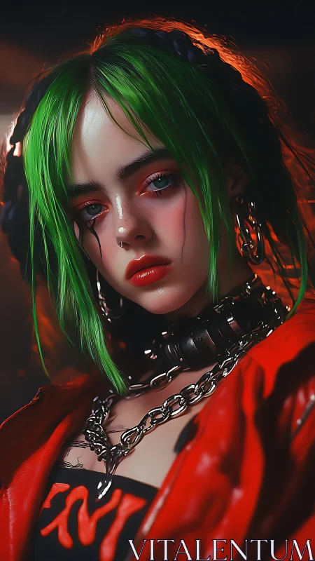 Neon-haired cyberpunk portrait with glossy skin and chained collar