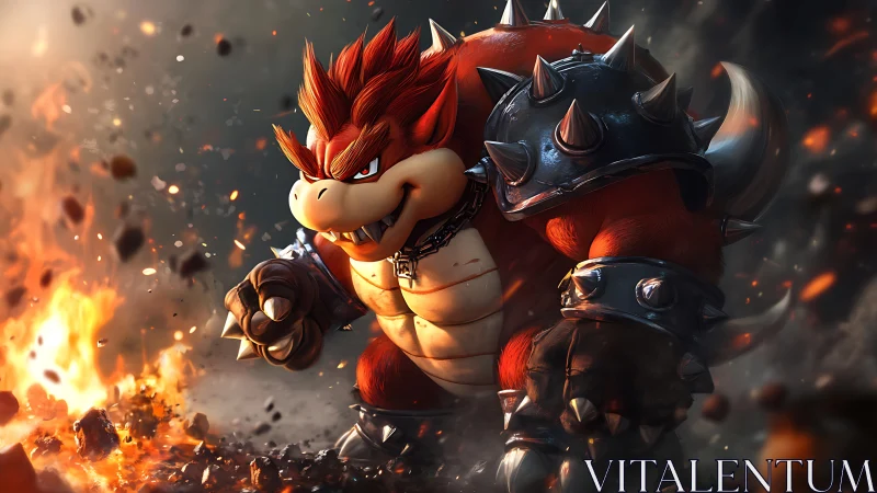 Spiked firelord stomps through molten battlefield mayhem.