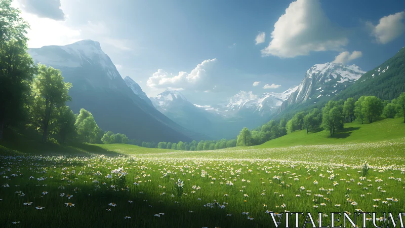 Sunlit alpine meadow unfolds beneath towering snowy peaks