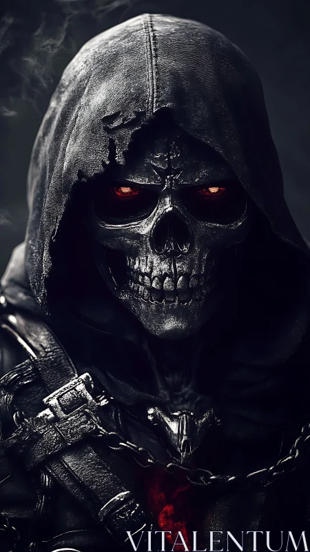 Hooded bone warden smiles through embers of midnight