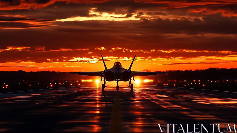 Stealth fighter silhouette aligned on wet runway at high-saturation sunset