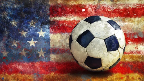 Weathered soccer ball on distressed American flag backdrop