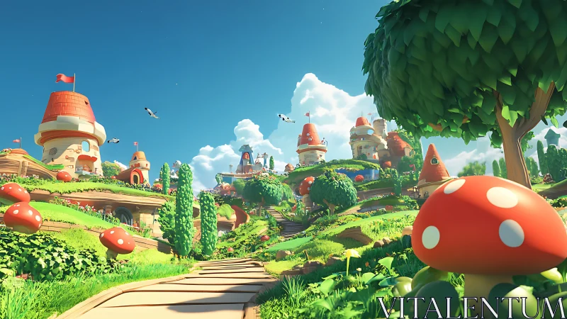 Vibrant Mario-Inspired Fantasy Landscape with Castles.