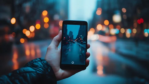 Smartphone captures wet city street with blurred night lights.