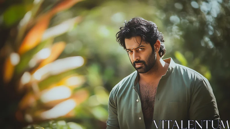 Intense male portrait framed by lush bokeh foliage outdoors.
