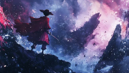 Wandering swordsman overlooks cosmic storm cliffs in twilight.