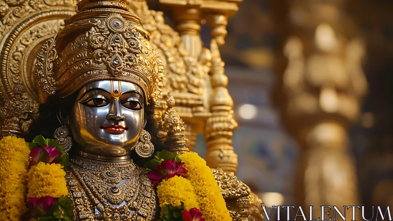 Golden Hindu deity statue with ornate metalwork detail.