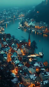 Riverside town presents illuminated streets beside winter harbor