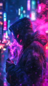 Neon hooded figure in cyberpunk city haze at night.