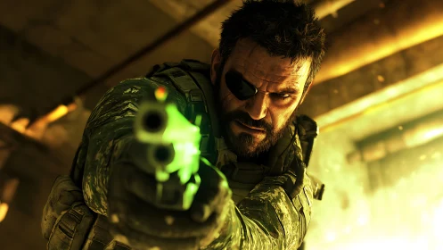 Armed soldier with eyepatch aiming handgun in yellow light.