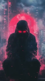 Neon-eyed dusk watcher before a bleeding cyber moon.