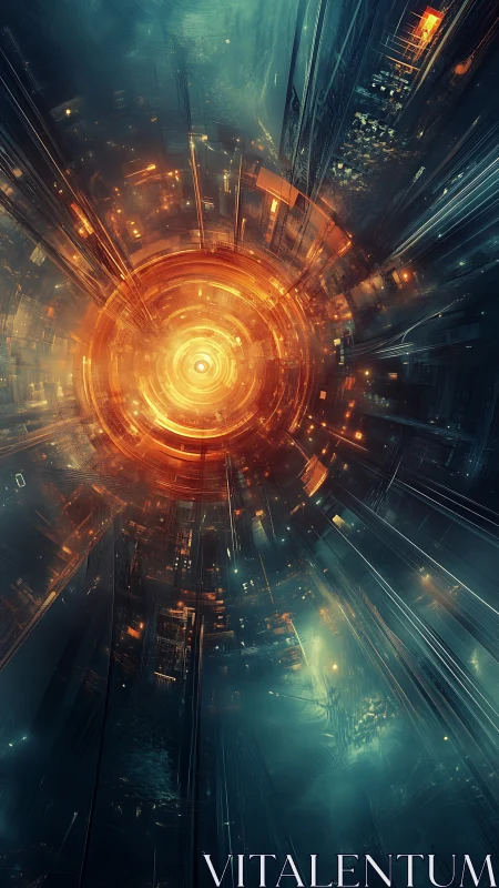 Glowing cyber core within a futuristic digital tunnel.