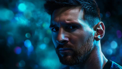 Male portrait in high-contrast blue lighting with bokeh background