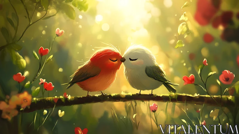 Two Birds Share a Romantic Moment Among Glowing Flowers